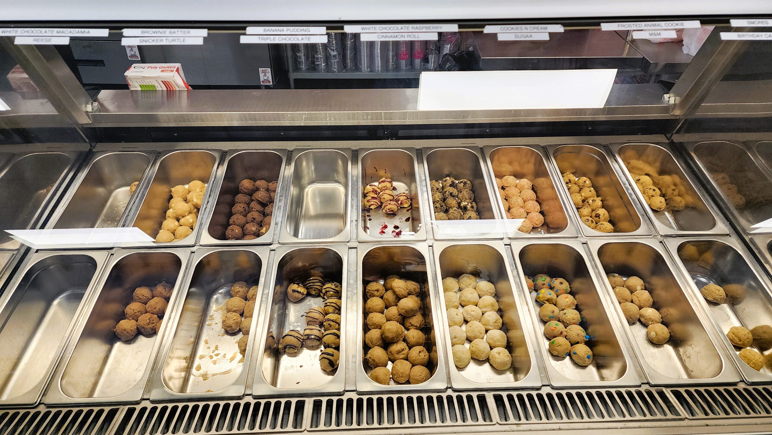 Cookie dough selection at Cookie Dough Monster in Pigeon Forge.